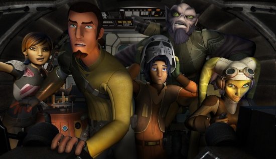 La tripulación de la nave Fantasma. Sabine, Chopper, Kanan, Ezra, Zeb y Hera