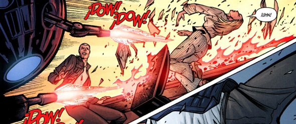 El androide mayordono dispara sobre Jahan Corss y Elli Stark