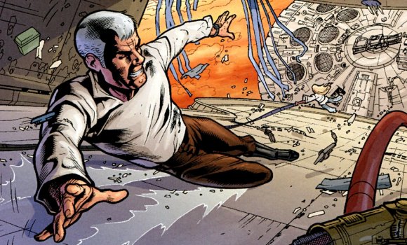 Jahan Cross cae por la plataforma hacia la cubierta del Halcón Milenario