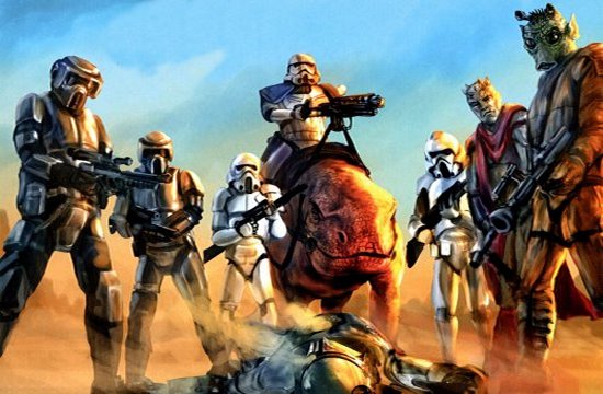 El grupo de caza junto al cuerpo de Boba Fett