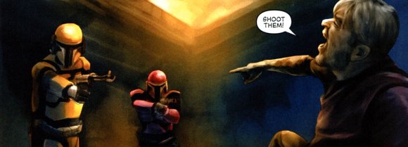 Connor y Sintas apuntan con sus armas al goberanador Porton