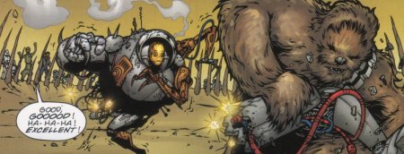 Chewbacca usa la pierna del droide para desprograrmarlo