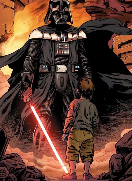 Darth Vader, sable en mano, ante un niño de Ostar