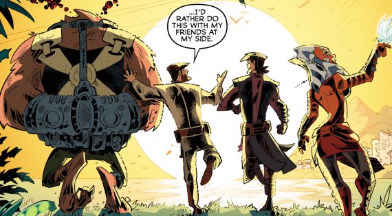 Obi-Wan, Anakin y Ahsoka con el gigantesco T'Mott Zoat detenido