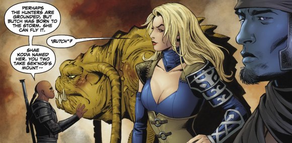Qua-Jan, Haw Ryo y Roir Fenn con Buthch el Rancor-Dragona volador de Shae Koda