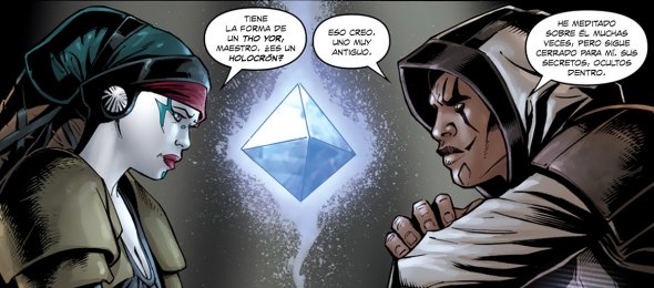 Tasha Ryo y el maestro Ters Sendon frente al holocrón, aun inactivo, de A'nang de los Kwa de Tython