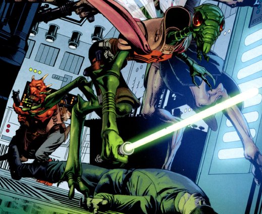 Sahdett, el Jedi de origen Verpine, y sus amigos en la estación imperial