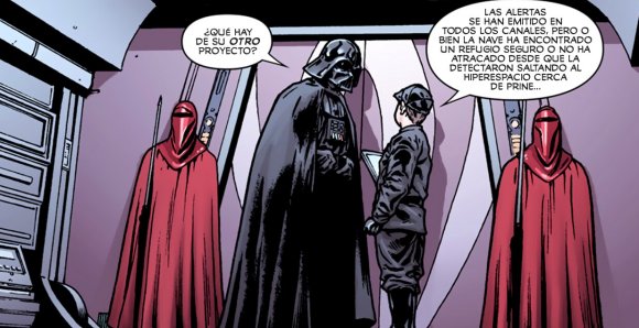 Darth Vader habla con el teniente Gregg junto a dos Guardias Imperiales