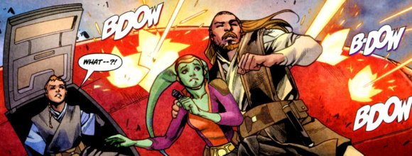 Qui-Gon protege a Orykan de los disparos y Xanatos observa la escena estupefacto
