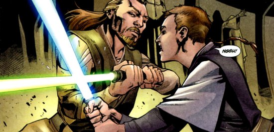Qui-Gon se enfrenta a Xanatos durante su entrenamiento