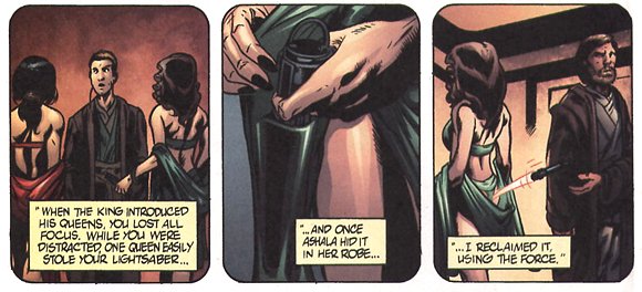 Ashala le roba el sable a Anakin y Obi-Wan lo recupera