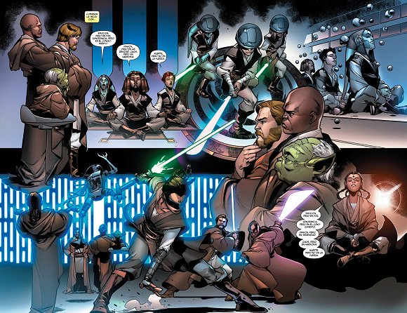 Caleb, Tai y Dammo entrenan bajo la vigilancia de los Maestros Jedi