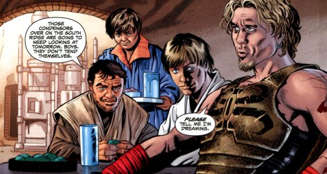 Cade desayuna con Luke, Owen y Beru