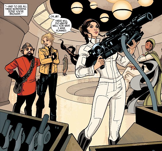 Leia con una gran arma energética del arsenal de Nien Nunb