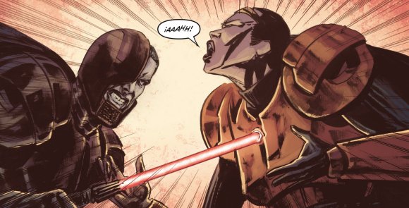 La Emperatriz Marashia traspasada por el sable de Darth Wredd