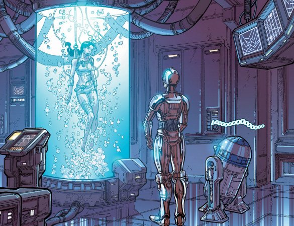 C3PO y R2-D2 contemplan a Leia dentro del tanque de bacta