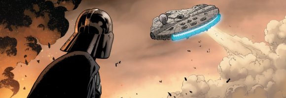 Darth Vader contempla como le aleja el Halcón Milenario