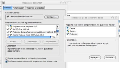 Instalaci�n de protocolos para el adaptador de Hamachi