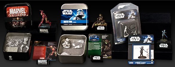 Tres ejemplos de figuras en sus cajas metálicas