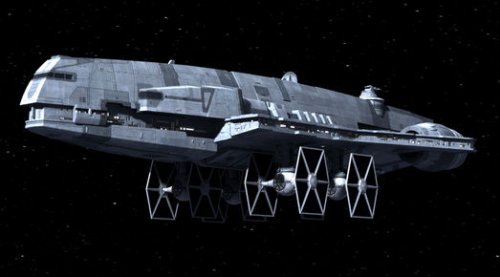 El crucero Imperial clase Gozanti con sus cuatro escoltas TIE anclados en la panza