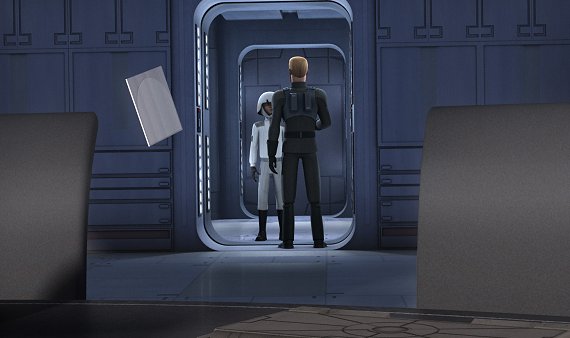 Leonis entretiene a Kallus mientras Ezra usa la Fuerza para alcanzar el disco decodificador