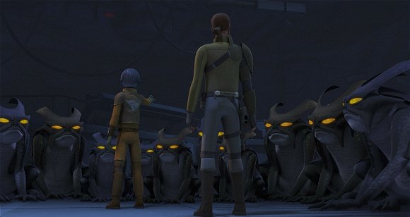 Ezra junto a Kanan al lado de los fyrnocks que ha controlado con la Fuerza