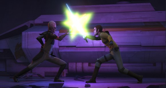 Ezra junto a Kanan al lado de los fyrnocks que ha controlado con la Fuerza