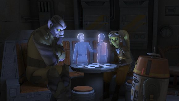 Zeb y Hera viendo la holoemisión de Trayvis