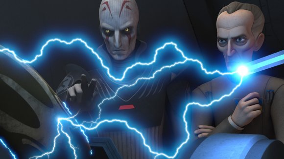 Tarkin y el Inquisidor Imperial contemplan como la electricidad actúa sobre Kanan