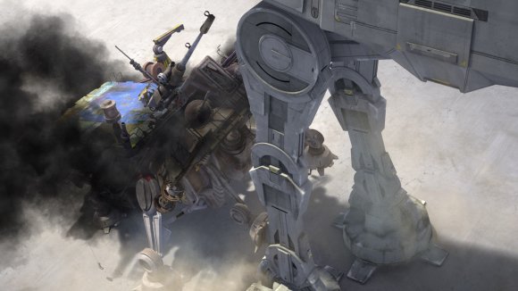 El AT-TE de los clones encabritado a los pies del AT-AT de Kallus