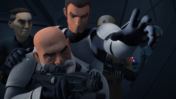 Kanan usa la Fuerza para sacar a los Soldados Imperiales de sus parapetos y Rex acaba con ellos