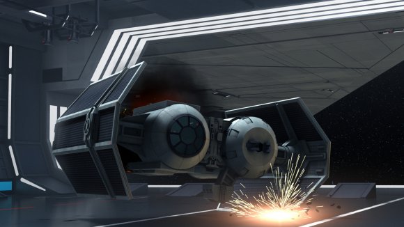 Hera estrellando elegantemente el Bombardero TIE en el hangar del carguero