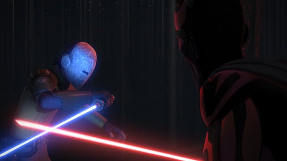 Kanan con la máscara de un Guardián Jedi usa la Fuerza para guiarse en su ceguera