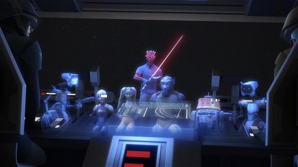Maul muestra a Kanan y a Ezra que ha capturado a sus amigos