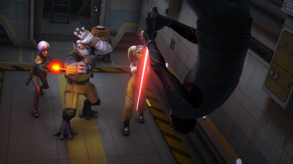 Darth Maul, pegado al techo, se defiende con facilidad y derrota a los rebeldes