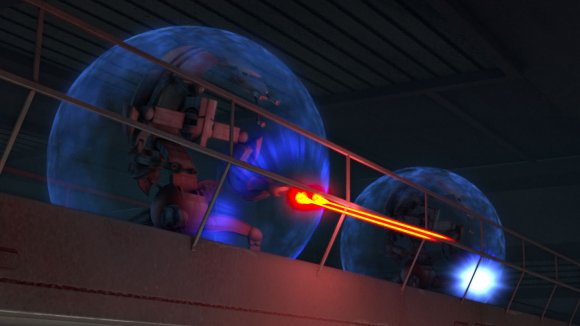 Dos androides destructores disparando desde la pasarela superior