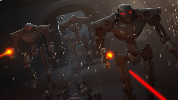 Los androides centinela Imperiales atacando al grupo de Zeb