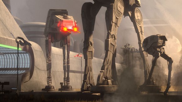 El AT-DP robado por Kanan y Ezra enfrentándose a los AT-AT imperiales