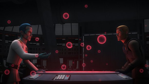 El Gran Almirante Thrawn y el agente Kallus ante un mapa estelar