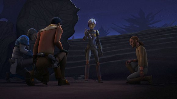 Rau, Ezra y Kanan se arrodillan ante Sabine para mostrarle que están con ella