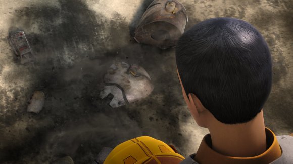 Ezra observa las armaduras quemadas sin restos de los mandaloreanos