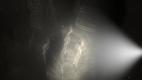 Pinturas rupetres en la cueva por las que los guía el lobo