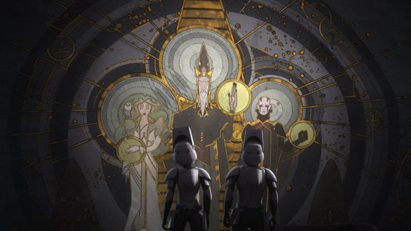 Sabine y Ezra ante el mural de los Dioses de Mortis