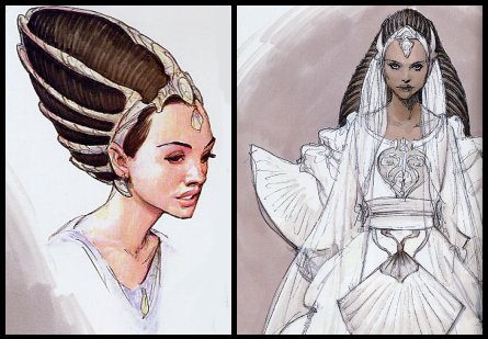 Primeros bocetos del traje de boda y el peinado de Amidala