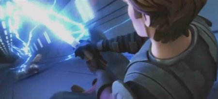 Anakin usa su sable para detener los rayos de Dooku