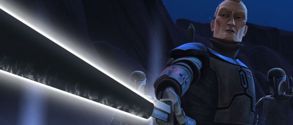 Vizla con el viejo sable de luz robado en el Templo Jedi