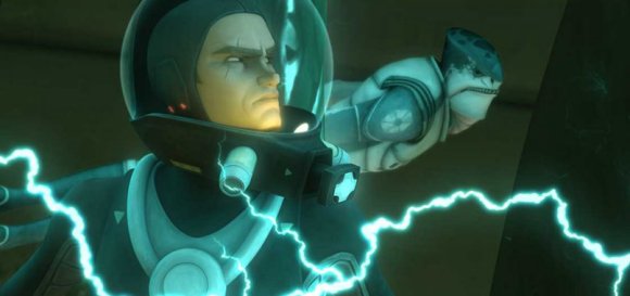 Riff Tamson nada junto a Anakin, atrapado entre las anguilas eléctricas