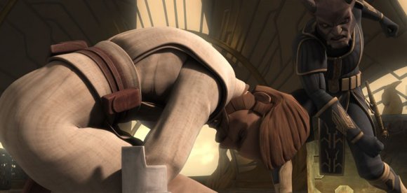 D´Nar da una paliza al maestro Kenobi que se contiene para ganar tiempo