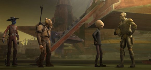 Cad Bane y Moralo, ya armados ven como Kenobi (Rako) cierra con un bith la compra de la nave