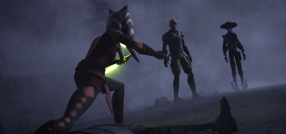 Ahsoka protege a su maestro (inconsciente) del ataque de Cad Bane